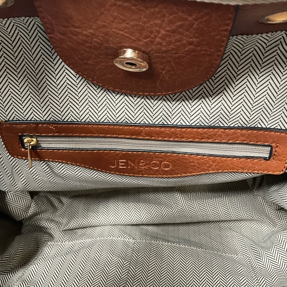 Jen & Co Woven Patterned Cotton Peach Cream Grey Striped Tote Bag Lined Interior - Picture 9 of 15